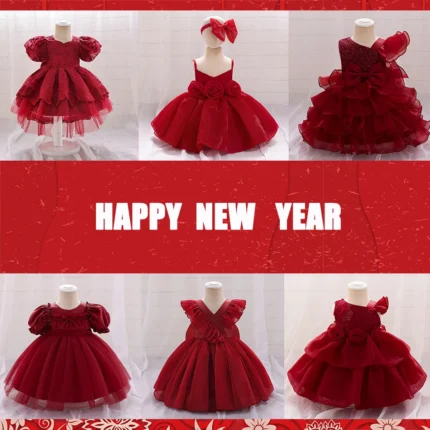 Baby Red Dress Toddler Party Mesh Puff Gown Children Bow Decoration Cake Dress Wedding Flower Girl Forcks Birthday Party Clothes